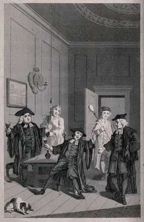 Two men in clerical dress are sitting at a table holding drinks in their hands, as they are reproved by a cleric accompanied by a beadle. Engraving.