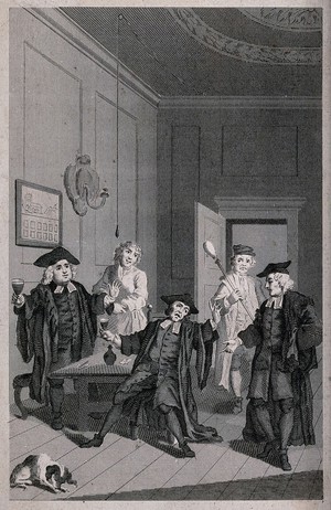 view Two men in clerical dress are sitting at a table holding drinks in their hands, as they are reproved by a cleric accompanied by a beadle. Engraving.