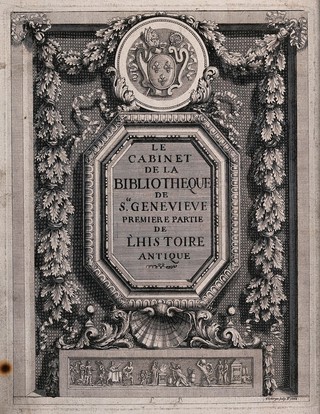 Bibliothèque Sainte-Geneviève, Paris: coat of arms and inscription surrounded by a carved frame and a border of oak garlands. Engraving by F. Ertinger.