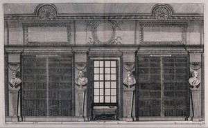 view Bibliothèque Sainte-Geneviève, Paris: a wall of the library with two bookcases of books and busts of Plato, Socrates, Euclid and Cicero. Engraving by F. Ertinger, ca. 1688.