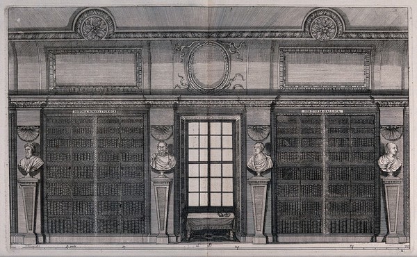 Bibliothèque Sainte-Geneviève, Paris: a wall of the library with two bookcases of books and busts of Plato, Socrates, Euclid and Cicero. Engraving by F. Ertinger, ca. 1688.