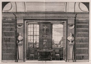 view Bibliothèque Sainte-Geneviève, Paris: a part of the library with a window overlooking a garden. Engraving by F. Ertinger, ca. 1688.