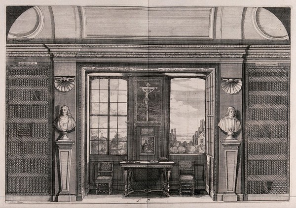 Bibliothèque Sainte-Geneviève, Paris: a part of the library with a window overlooking a garden. Engraving by F. Ertinger, ca. 1688.