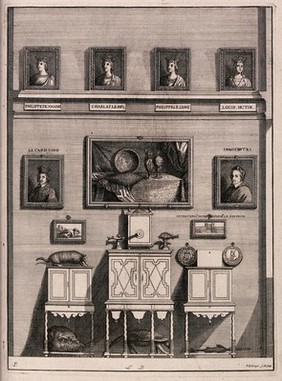 Bibliothèque Sainte-Geneviève, Paris: part of the cabinet of natural and artificial curiosities. Engraving by F. Ertinger, 1688.