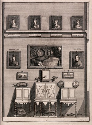 view Bibliothèque Sainte-Geneviève, Paris: part of the cabinet of natural and artificial curiosities. Engraving by F. Ertinger, 1688.