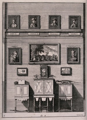 view Bibliothèque Sainte-Geneviève, Paris: part of the cabinet of natural and artificial curiosities. Engraving by F. Ertinger, ca. 1688.