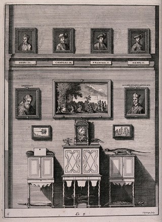 Bibliothèque Sainte-Geneviève, Paris: part of the cabinet of natural and artificial curiosities. Engraving by F. Ertinger, ca. 1688.