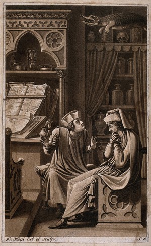 view Poor Henry consults a doctor in Salerno about his leprosy: they sit opposite each other in the doctor's study while the doctor explains his remedy. Aquatint by F. Hegi, 1810.