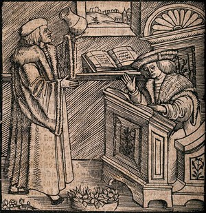 view A physician holds up a urine flask to the light, while another scholar reads the properties of urine from a book. Woodcut, 1531.