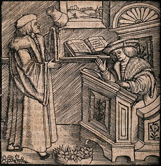 A physician holds up a urine flask to the light, while another scholar reads the properties of urine from a book. Woodcut, 1531.