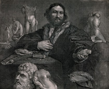 Andrea Odoni in a cloak edged with fur, sitting at a table with a small book and some coins, surrounded by antique statues. Engraving after L. Lotto.