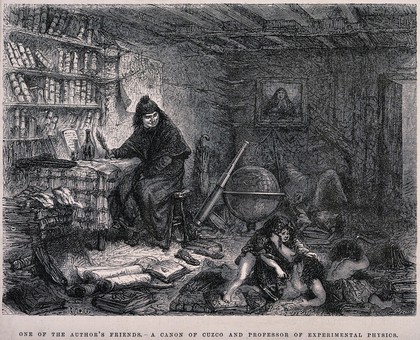 A canon at Cuzco, Peru, in his study, studying natural sciences while his adopted children fight. Wood engraving by Picard after E. Riou.