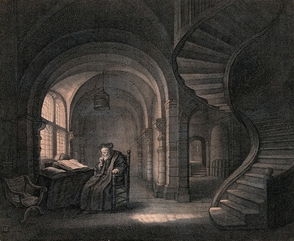 A philosopher seated at a table covered with large folio volumes and a globe; right, a winding staircase. Etching by L. Surugue, 1753.
