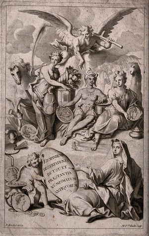 view Women personifying the continents of Europe, Africa and Asia, are protected by Father Time, while a woman personifying antiquity points to the value of ancient coins. Engraving by M. van der Gucht after P. Berchet.