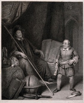 A man with a rolled sheet of paper in his hand is talking to another man in a gown and a hat who is sitting in a large chair. Engraving by S. Davenport after G. Clint.