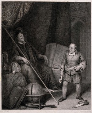 view A man with a rolled sheet of paper in his hand is talking to another man in a gown and a hat who is sitting in a large chair. Engraving by S. Davenport after G. Clint.