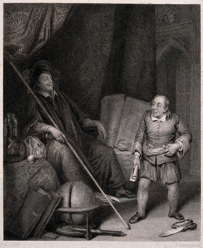 A man with a rolled sheet of paper in his hand is talking to another man in a gown and a hat who is sitting in a large chair. Engraving by S. Davenport after G. Clint.
