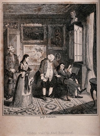 Abel Beechcroft, while reading in the library of his house in Lambeth, is disturbed when Hilda Scarve is led into the room by his butler Jukes. Etching by George Cruikshank, 1842.
