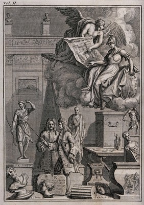 John Breval acting as tutor to George 3rd Earl of Cholmondeley on the Grand Tour introduces him to a statue of Diana; a genius shows a perspective drawing of Cholmondeley Castle to Minerva. Engraving by E. Kirkall, 1726, after L. Cheron.