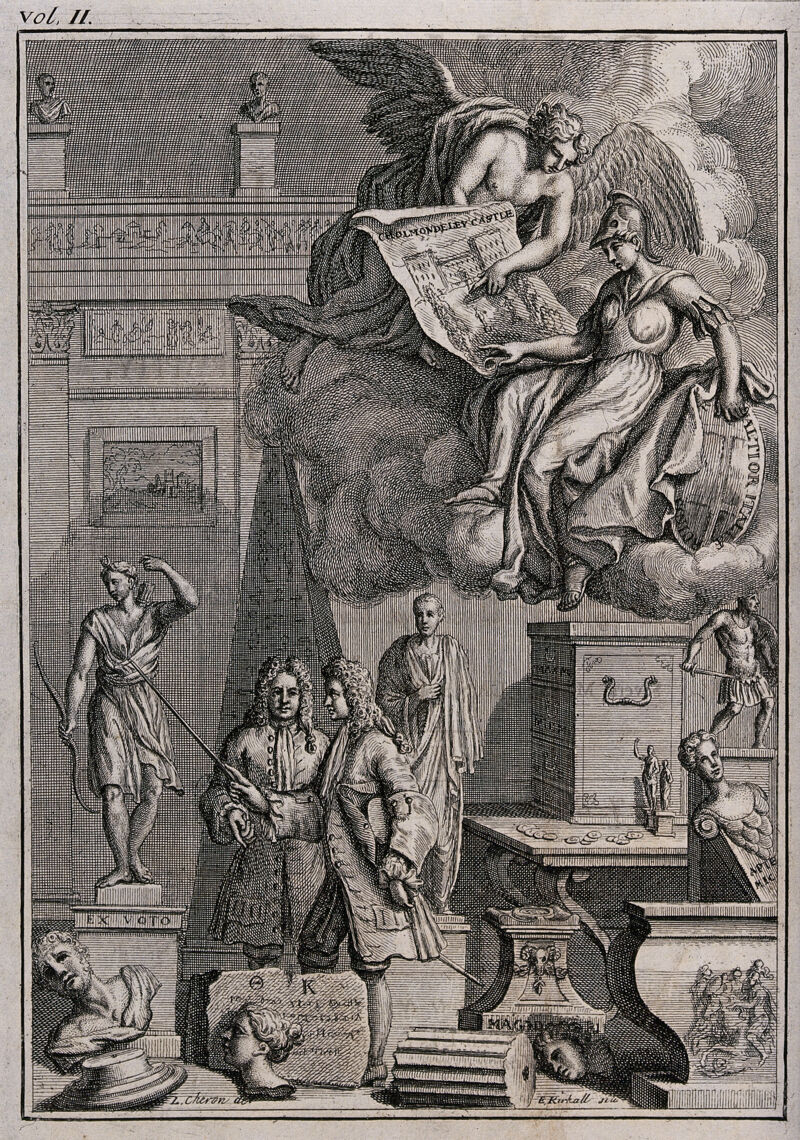 John Breval acting as tutor to George 3rd Earl of Cholmondeley on the Grand Tour introduces him to a statue of Diana; a genius shows a perspective drawing of Cholmondeley Castle to Minerva. Engraving by E. Kirkall, 1726, after L. Cheron., 1726, by Louis Chéron