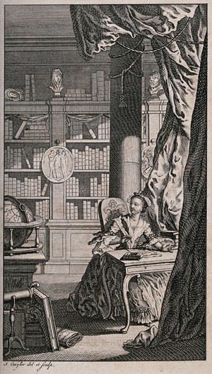 view A woman is sitting at a desk in a library, writing. Engraving by I. Taylor after himself.
