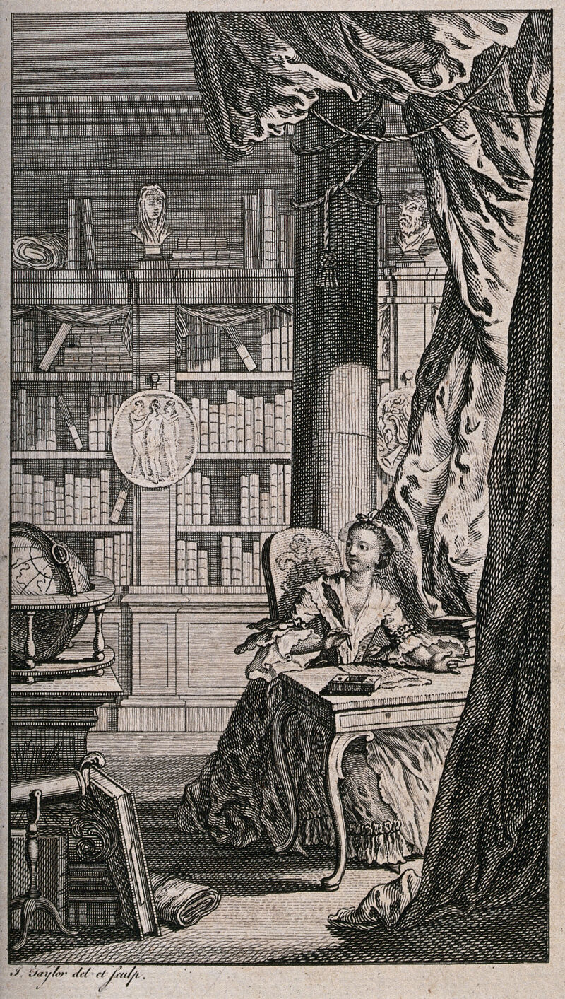 A woman is sitting at a desk in a library, writing. Engraving by I. Taylor after himself., 1765, by Isaac Taylor