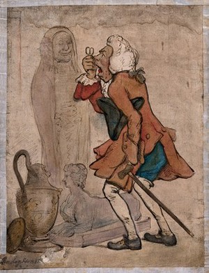 view A scholar and/or physician carrying a cane peering at an Egyptian mummy through a pair of eyeglasses. Gouache drawing by Thomas Rowlandson.