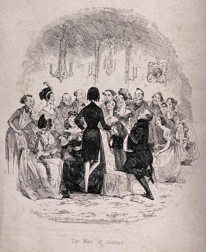 A young man of genius is holding a group of people enthralled by his conversation. Etching by Phiz (Hablot K. Browne), 1845.