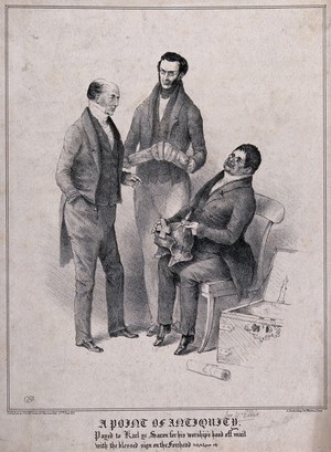 view Three antiquarians discussing pieces of armour held by two of them. Lithograph, 1833.