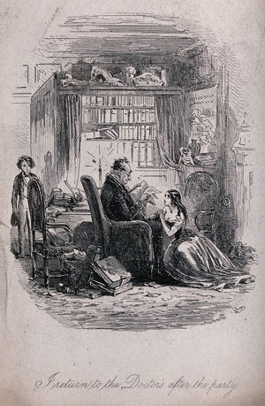 view David Copperfield as a boy enters the study of Dr Strong who is absorbed in lexicographic work; his young wife Annie is sitting on a stool at his feet. Etching by Phiz. (Hablot K. Browne), 1849.