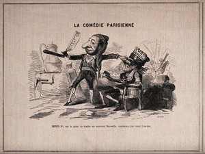 view The financier Jules Mirès as a barber about to shave an old man representing the old city of Marseilles. Wood engraving by J.-B. E. Diolot.