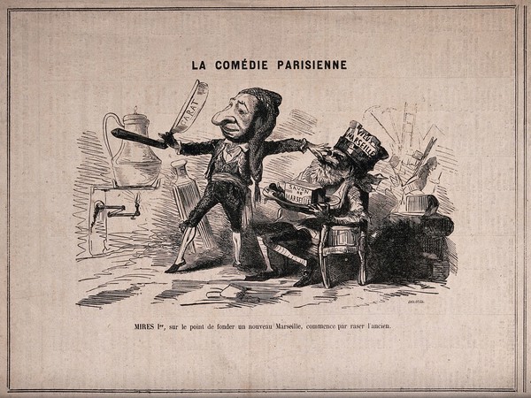 The financier Jules Mirès as a barber about to shave an old man representing the old city of Marseilles. Wood engraving by J.-B. E. Diolot.