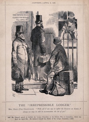 view Three men seeking lodgings standing on the doorstep of a house where the charwoman (Benjamin Disraeli) addresses them from the window; representing the enfranchisement of lodgers. Process print, 1878, after J. Tenniel, 1867.