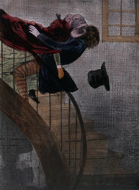 A woman descending the stairs of a steep staircase in the gloom falls into the arms of a man who is ascending. Coloured lithograph, 1844.