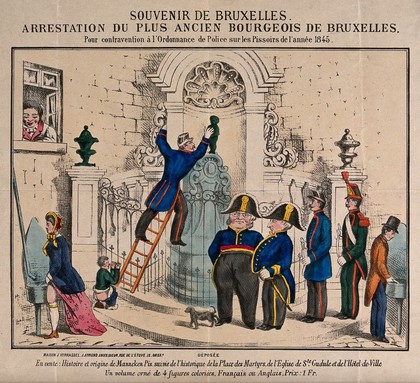 A man is looking out of a window at policemen arresting the statue of the "pissing boy" in Brussels. Coloured lithograph.
