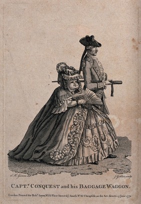 A tall thin man accompanied by a short fat lady carrying a fan. Engraving by J. Goldar, 1772, after S.H. Grimm.