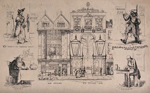 view Contrasts in drinking of alcoholic beverages: a tavern from 1553 is contrasted with a gin-palace of 1847, temperance with drunkenness, and luxury with poverty. Lithograph by Luke Limner (John Leighton).