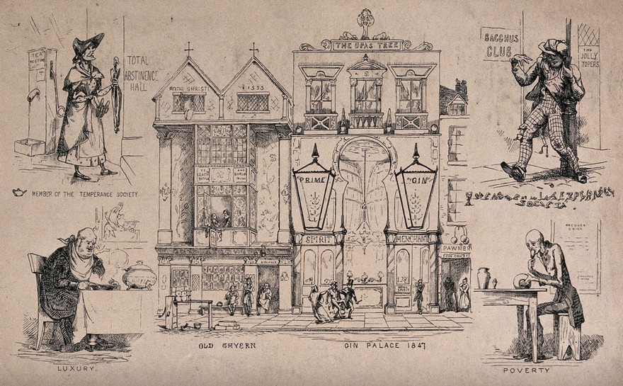Contrasts in drinking of alcoholic beverages: a tavern from 1553 is contrasted with a gin-palace of 1847, temperance with drunkenness, and luxury with poverty. Lithograph by Luke Limner (John Leighton).