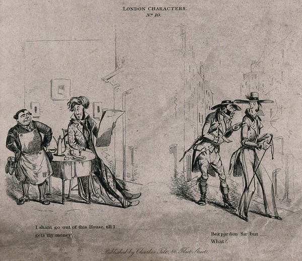 Left, a manservant brings a pair of boots to a man standing by the fire reading a newspaper; right, an old woman carrying a basket asks a young man for a job for her daughter while blowing smoke from a pipe into his face, much to his disgust. Etching.