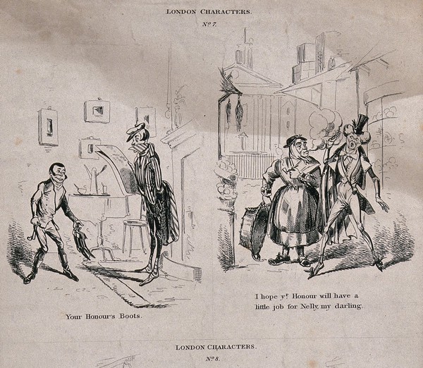 Left, a manservant brings a pair of boots to a man standing by the fire reading a newspaper; right, an old woman carrying a basket asks a young man for a job for her daughter while blowing smoke from a pipe into his face, much to his disgust. Etching.