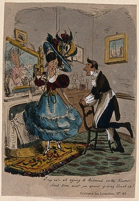 A woman in fine clothes and a large bonnet is invited by a young man to go on a river trip to Richmond-on-Thames. Coloured etching.