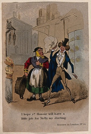 view An old woman with a basket in her hand asks a young man for a job for her daughter while blowing smoke from a pipe into his face, much to his disgust. Coloured etching.