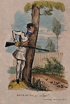A man with a gun is standing behind a tree looking at a flock of sparrows on the ground. Coloured etching.