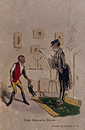 A manservant is offering a pair of boots to the man standing by the fire reading. Coloured etching.