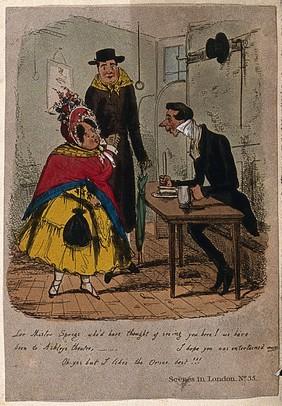 A woman wearing a bonnet and shawl accompanied by a man wearing a scarf around his neck are talking to a man sitting at a table eating a meal. Coloured etching.