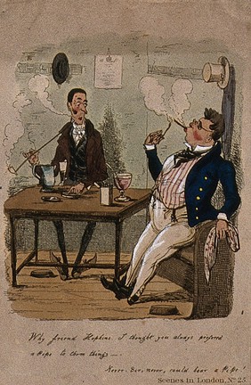 One man is smoking a pipe and another is smoking a cigarette. Coloured etching.
