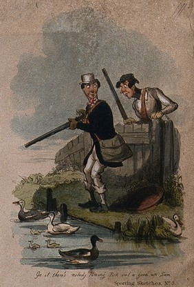 Two men with guns about to shoot a duck on a pond without authorisation. Coloured etching.