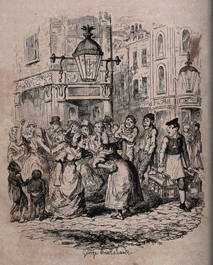 view Two women are arguing in the street at Seven Dials in London watched by a crowd. Etching by George Cruikshank.