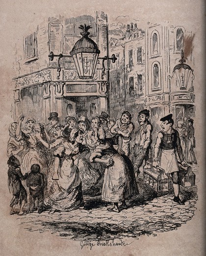 Two women are arguing in the street at Seven Dials in London watched by a crowd. Etching by George Cruikshank.