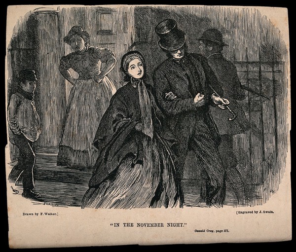 A couple walking down the street watched by a woman standing in a doorway with arms akimbo. Wood engraving by J. Swain after F. Walker.